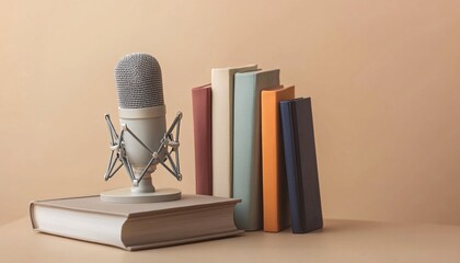 A cozy podcasting setup featuring a stylish microphone and a stack of books on a table, perfect for inspiring conversations and insightful discussions in the world of podcasting.