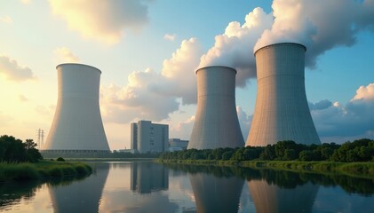 Imposing nuclear power plant with colossal cooling towers , generator, heat