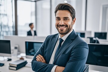 Fototapeta premium smiling man in suit and tie standing in front of a desk with computers