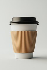 A simple, eco-friendly coffee cup with a brown sleeve and black lid, set against a minimalistic background.