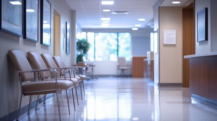 Fototapeta premium A clean, modern hospital corridor featuring empty chairs, natural light, and minimalistic decor, suggesting a calm environment for patients and visitors.