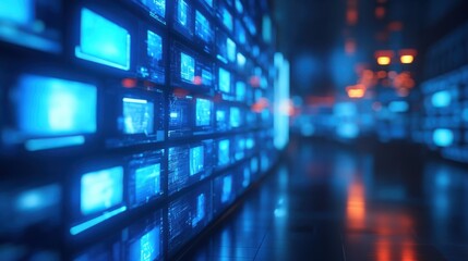 Fototapeta premium A futuristic corridor lined with glowing blue screens, creating a tech-inspired atmosphere with reflections on a polished surface.