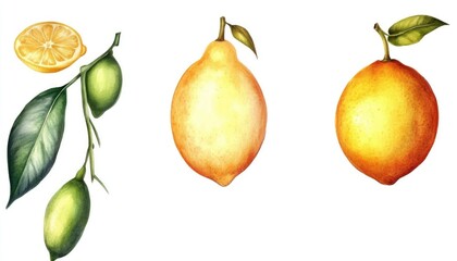 A vibrant illustration showcasing various lemons and limes, highlighting their colors and textures
