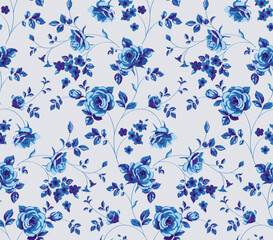 Seamless pattern with beautiful vintage rose and decorative leaf silhouette. Wallpaper with blue flower in old antique style on grey background. Vector stock illustration.