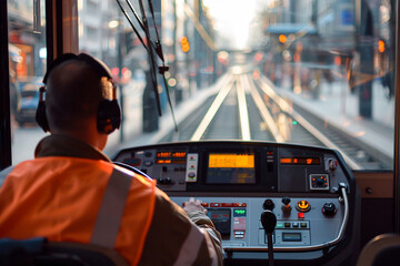 Tram driver navigating the city tracks with a view through the windshield at sunset, control panel aglow.