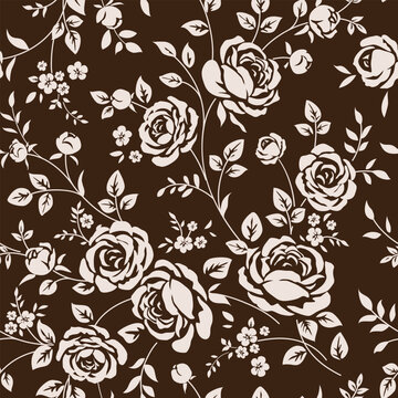 Seamless pattern with beautiful vintage rose and decorative leaf silhouette. Wallpaper with abstract white rose flower on brown background. Vector stock illustration.