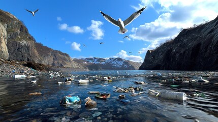 Seabirds Flying Over Polluted Ocean