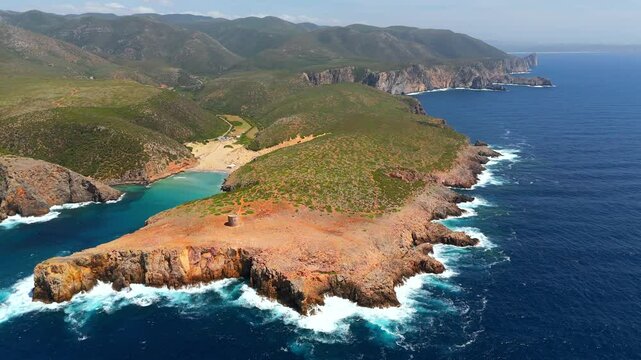 Aerial view on Cala Domestica Beach and landscape around. Sardinia, Italy