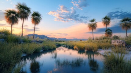 Serene Oasis Sunset Palm Trees Mountain Landscape