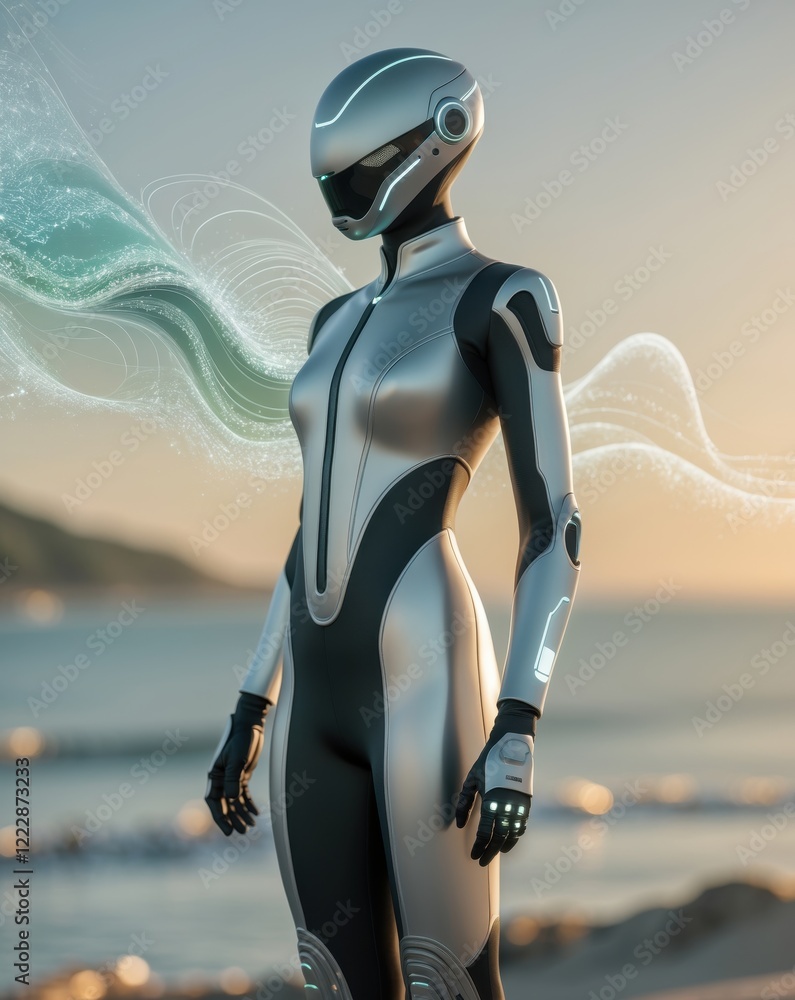 Poster a futuristic humanoid robot stands on a beach, featuring a sleek silver suit and a serene background