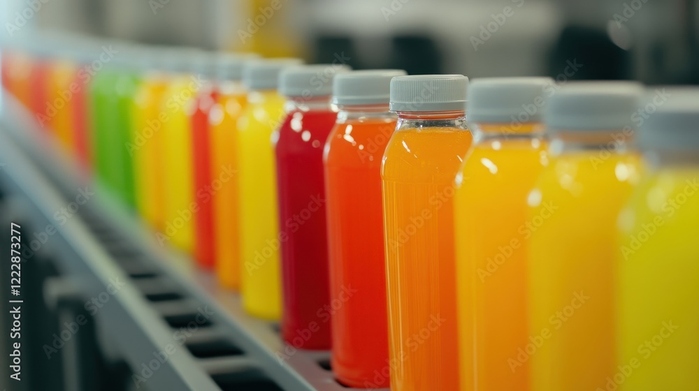 Poster colorful array of beverage bottles on a production line in a factory setting, showcasing variety