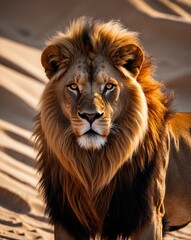 Naklejka premium A majestic lion stares directly at the camera, showcasing its powerful mane against a backdrop of soft sand dunes.