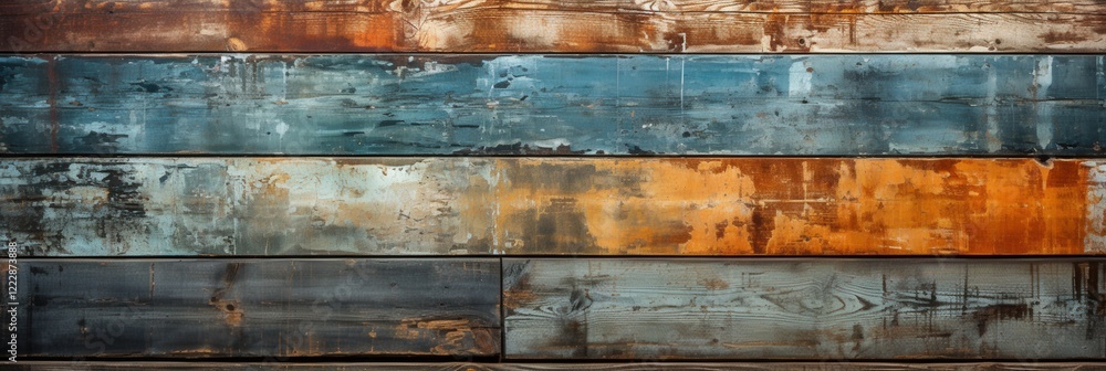 Poster textured surface of scratched encaustic wood panels in grunge mod style with warm and cool color var