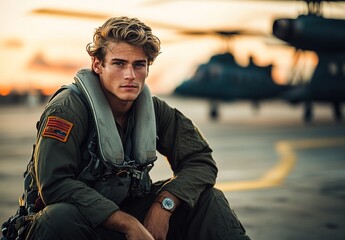 Fototapeta premium A photo of an attractive young man in his mid-20s, he is wearing flight gear and sitting on the tarmac with military helicopters behind him