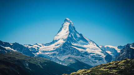 Majestic Matterhorn Mountain Under Clear Blue Sky Surrounded by Lush Green Valleys and Peaks