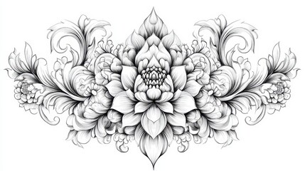 Fototapeta premium Thai sak yan symbols, symmetrical black line designs on clean white surface, representing spiritual and artistic depth