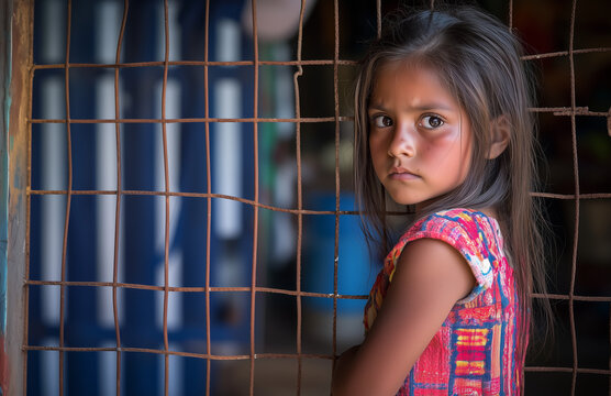 An impoverished young girl looks sadly beyond a rusting metal fence at the American border, she is serious and afraid, Wide landscape format with copy space. 