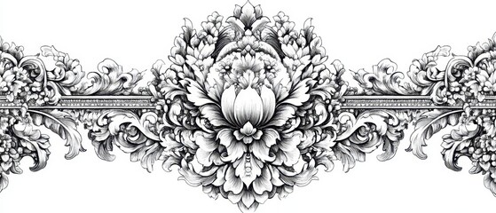 Obraz premium Thai traditional sak yan designs, fine black line work, white background, elegant and intricate patterns for modern applications