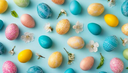 colorful easter eggs and flowers seamless pattern on light blue background