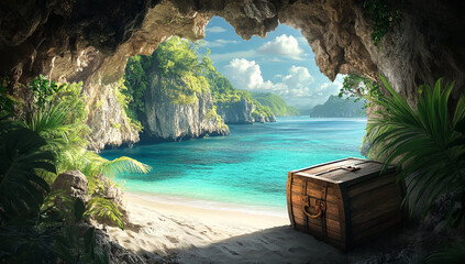 Obraz premium A view of a tropical island from inside a pirate ship's cave