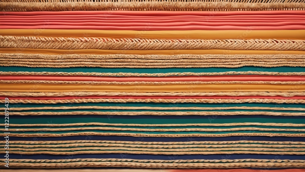 Poster a vibrant array of colorful fabric strips arranged in horizontal lines, showcasing diverse textures 