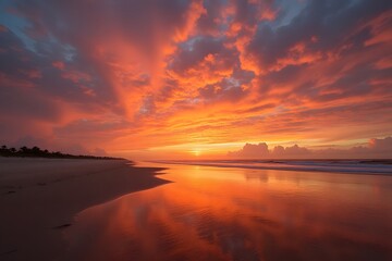 Fototapeta premium A dramatic beach at sunset, with fiery orange skies reflecting on wet sand.