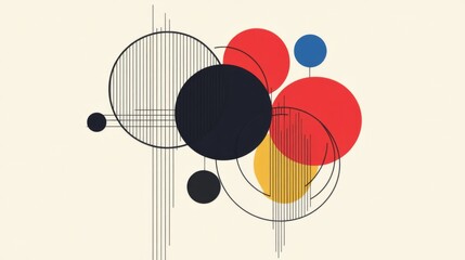 Obraz premium Abstract geometric art with circles, lines, and red, black, yellow, and blue colors.