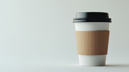 A simple coffee cup with a cardboard sleeve sits on a plain surface, highlighting minimalistic design and focus on the beverage.