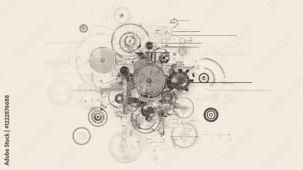 Poster abstract grayscale image of interconnected gears, circles, and lines, suggesting complexity and inte
