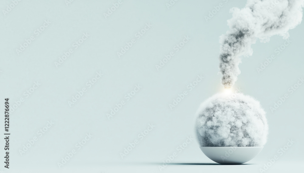 Poster symbolic image of globe emitting smoke, representing environmental issues and pollution. contrast be