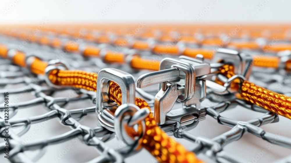 Aufkleber close-up of interlinked metal chains and orange ropes forming a secure mesh structure