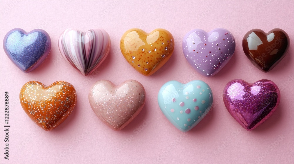 Aufkleber delicate hearts in an assortment of colors and patterns rest on a soft pink surface, showcasing the 