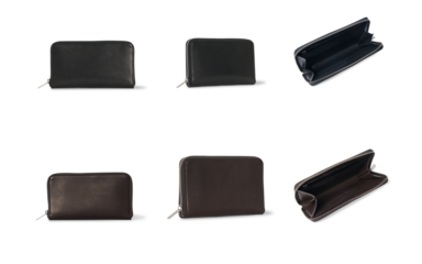 Set of black leather wallet collection, credit cards wallet mockup, genuine plain leather wallet, transparent background