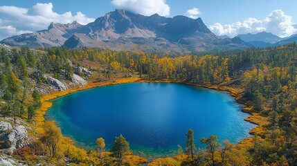 Fototapeta premium Autumn alpine lake, mountain panorama, vibrant foliage, sunny day, nature scene