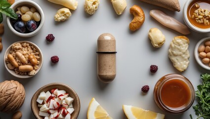 An assortment of snacks and ingredients arranged around a wooden capsule, featuring nuts, dried fruits, and sauces on a light background.