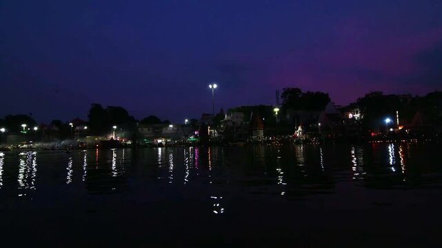Timelapse of Ram Ghat Ujjain during evening. It is located on the bank of the river Shipra. The evening Kshipra aarti is one of the best attractions at Ram Ghat.