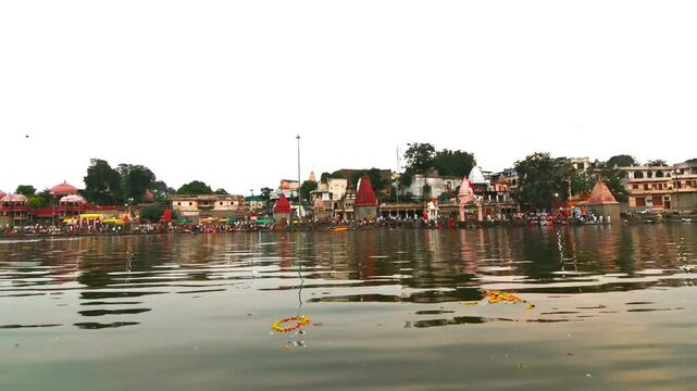 Timelapse of Ram Ghat Ujjain during evening. It is located on the bank of the river Shipra. The evening Kshipra aarti is one of the best attractions at Ram Ghat.