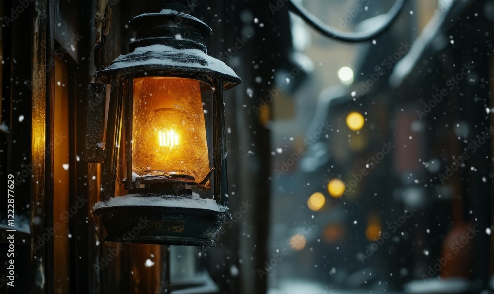 Poster lit lantern hangs from a building in the background. the lantern is lit up and is surrounded by snow