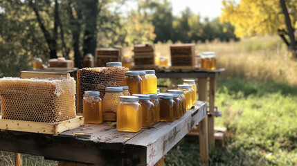 Fototapeta premium Photo of Beehives and Jars of Fresh Honey Displayed on Wooden Shelves