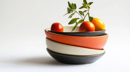 A stack of four bowls with a plant in the top one.
