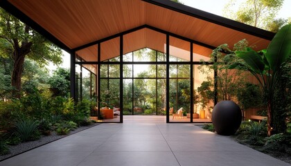 Modern glass house interior surrounded by lush greenery and natural light, showcasing tranquility