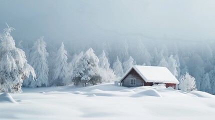 Serene snowy landscape with a rustic cabin