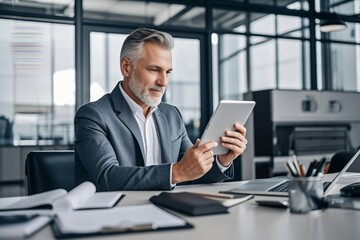 Fototapeta premium arafed man in a suit using a tablet computer at a desk