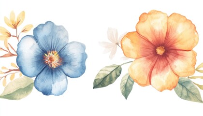 Beautiful watercolor floral arrangement featuring blue and orange flowers with delicate leaves and petals