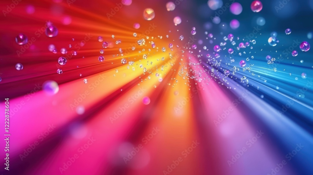 Poster vibrant colorful background with rays of light and floating bubbles for creative and artistic projec