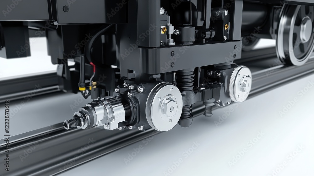 Poster close-up view of a train's mechanical components showcasing precision engineering and design