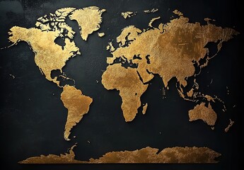 A world map with the continents rendered in gold leaf on a black background, showcasing global influence and power. 