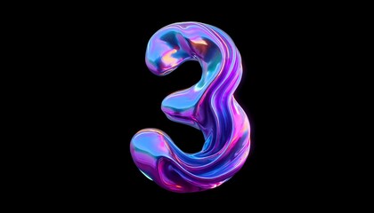 Fototapeta premium 3 iridescent number three, isolated on black background - neon glowing number