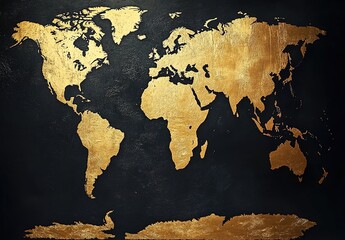 A world map with the continents rendered in gold leaf on a black background, showcasing global influence and power. 