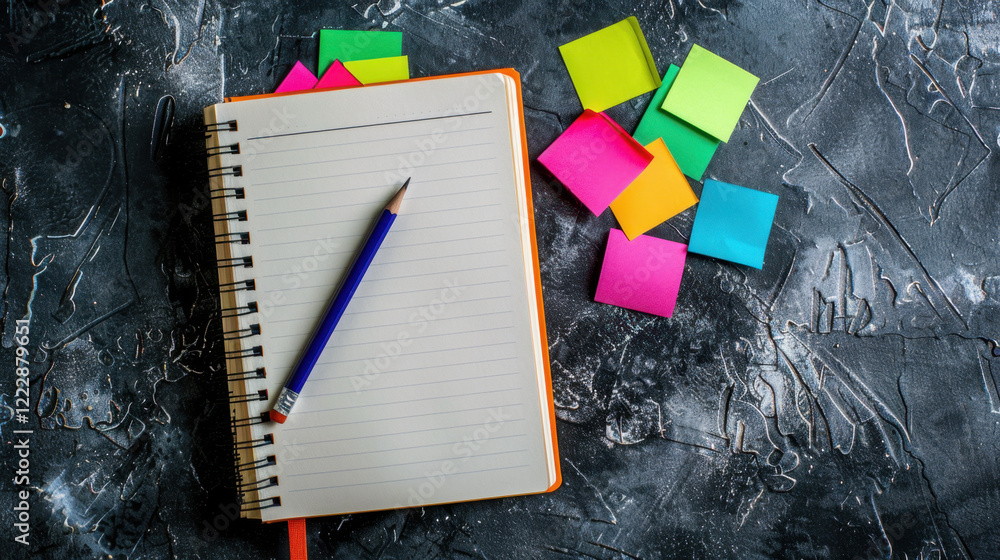 Poster blank notebook with pencil and colorful sticky notes on textured surface, perfect for brainstorming 